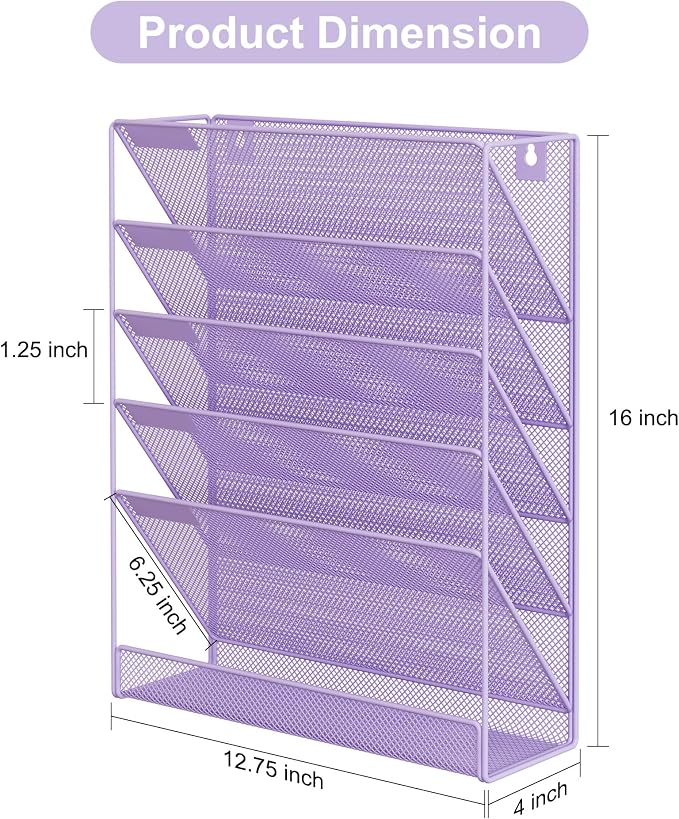 EasyPAG 5 Tier Wall File Holder, Mesh Hanging Folder Organizer with Classify Label, Versatile Desk File Holder, Vertical Wall Mounted Mail Organizer for Office Home Cubicle, Purple