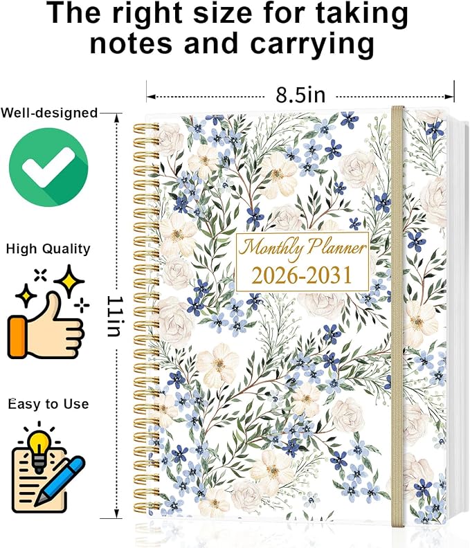 2026-2031 Monthly Planner - 60 Month PLanner Calendar from August 2026 to June 2031, 5 Year Planner 2026-2031 with Flexible Cover, Inner Pocket, Perfect for Home | School | Office, 8.5" x 11", Crushed Flower