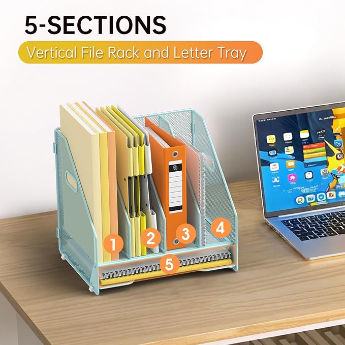 Docnest Mesh Desk File Organizer, 4 Vertical Compartment Box Sorter, Blue | Features 3 removable middle dividers for custom spacing and a bottom letter tray to hold paper, mail, and documents