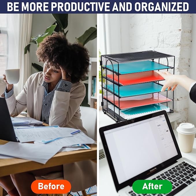 Desk Organizer Tray, Letter Tray in Black Metal Mesh for Organizing Files, Papers, Bills, Folders, Letters, and Binders. Desktop Paper Rack for Home, Office, or School (5 Tier - New)