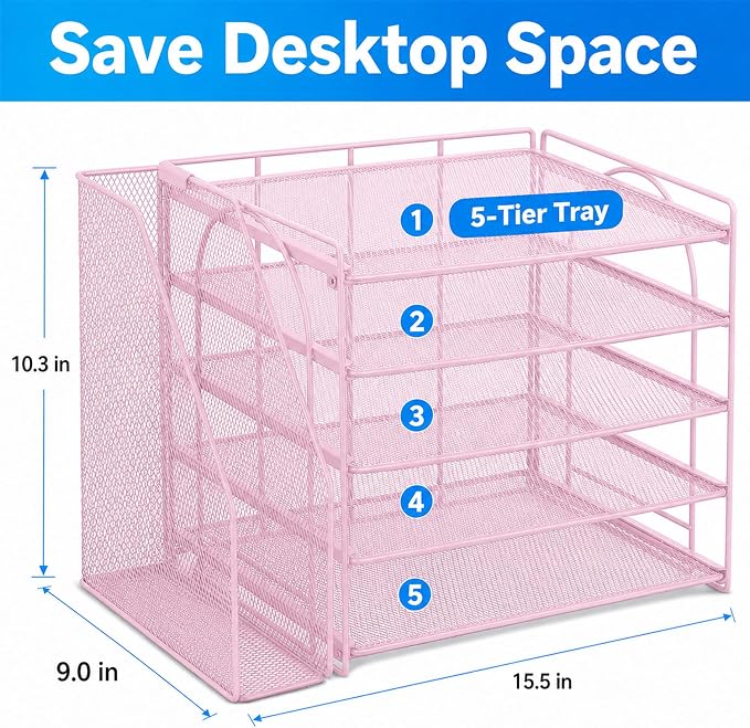 Desk Organizer, 5-Tier Paper Organizer Letter Tray, Pink | Desk Organizers and Accessories, Office Desk Accessories & Workspace Organizers, Desktop File Organizer for Office Supplies
