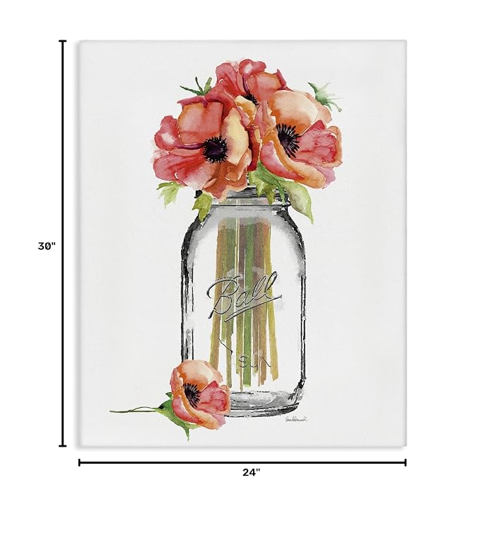 Mason Jar Poppies Floral Still Life, 24 x 30 Inch Canvas Wall Art | Stupell Industries · By Amanda Greenwood · Ready to hang · Ideal for cottage decor · Made in USA