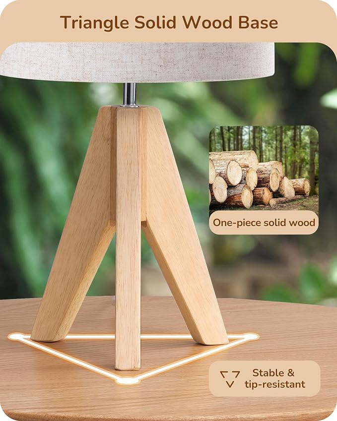 EDISHINE Small Table Lamp, Boho Bedside Lamp, Linen Fabric Shade, 14.2 Inch | ON/Off Switch, Wood Tripod Base, E26 Socket, Boho Nightstand Lamp for Living Room, End Table, Office