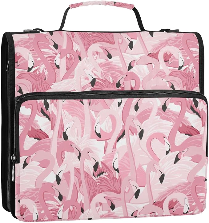 Pink Flamingo Print Zipper Binder Bag 3 Ring with Shoulder Strap & Handle Multi Pocket Binder Organizer Bag Large Capacity for School Office Supplies