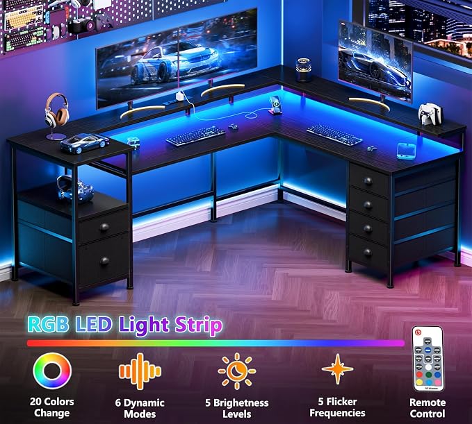 Furologee 66'' L Shaped Gaming Desk with 6 Drawers, LED, Outlets, Black | Reversible Large Corner Computer Desk with Printer Storage Shelves, LED Lights, Monitor Stand for Home Office, Working Study