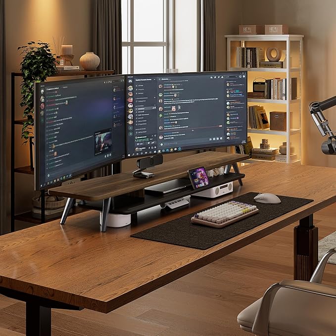 Fenge Dual Monitor Stand Riser, Wooden Desk Shelf with 2-Tier Storage | 47.2-Inch Extra Wide, Sturdy Aluminum Legs, Built-In Phone & Tablet Slot, Desktop Organizer for Office Accessories