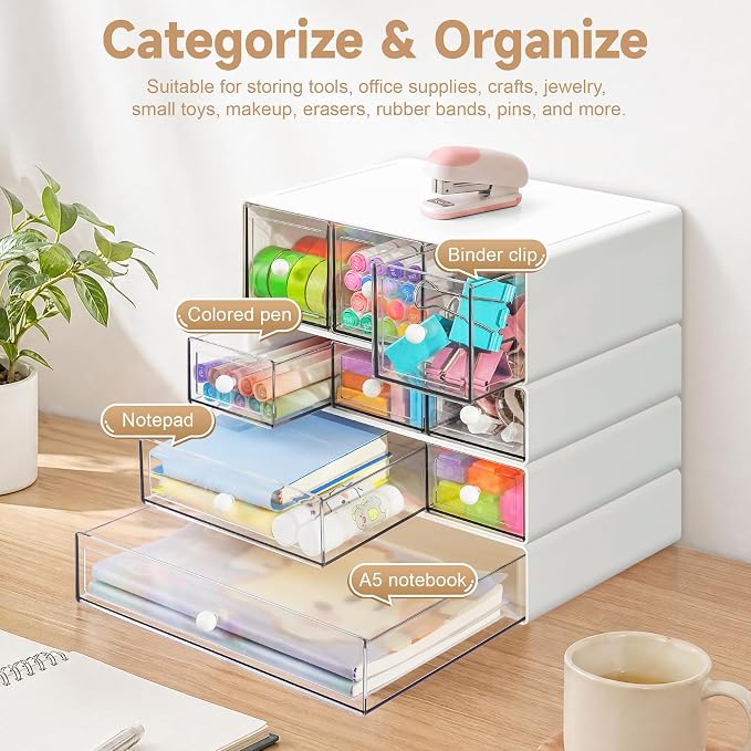 Desk Organizer with 9 Drawers, 4 Tiers Stackable Storage Drawers, Desktop Storage Box with Clear Drawers for Stationery, Makeup, Jewelry, Office and Craft Supplies (White)