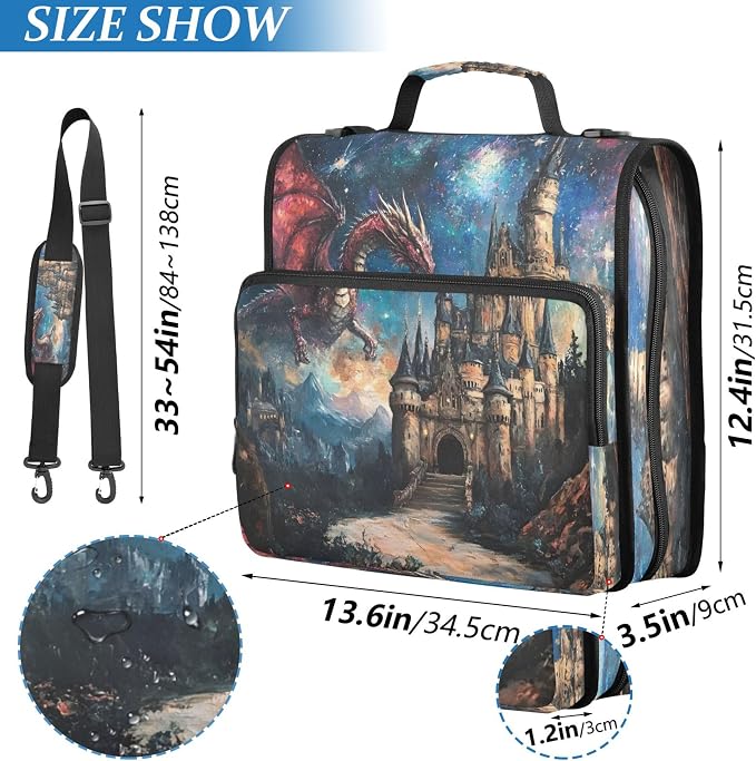 3 Ring Zipper Binder Dragon Castle Binder Organizer Portfolio with File and Shoulder Strap & Handle Large Capacity File Folder