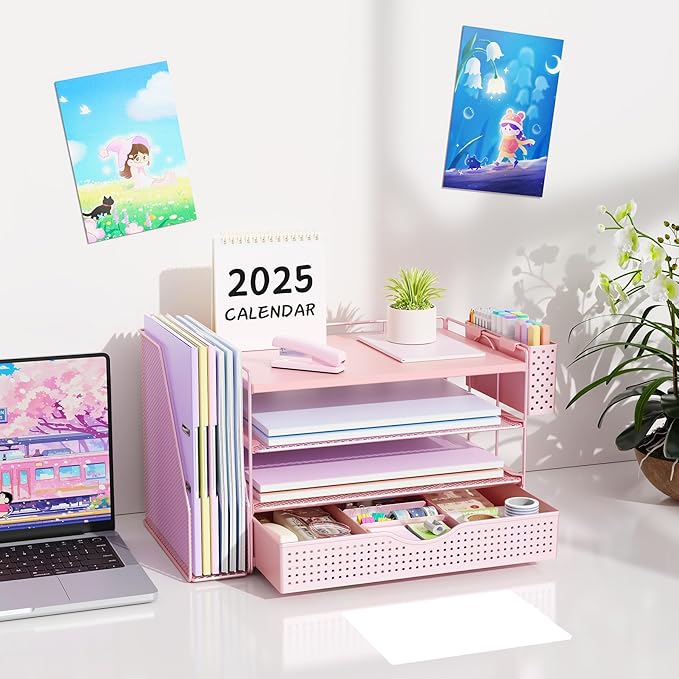 gianotter Wood Desk Organizers and Accessories with File Holder, 4-Tier Desk Accessories & Workspace Organizers with Drawer and Pen Holder, Desk Reference Organizer (Pink, 4T with Drawer)