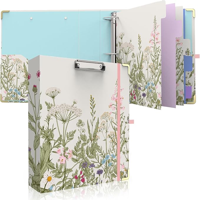3 Ring Binder 2 Inch, Cute Round Ring Binders with 6 Tab Dividers & Label Stickers, Low Profile Clipboard with Storage, Fashion Aesthetic Binder School Office Supplies (Garden Flowers)