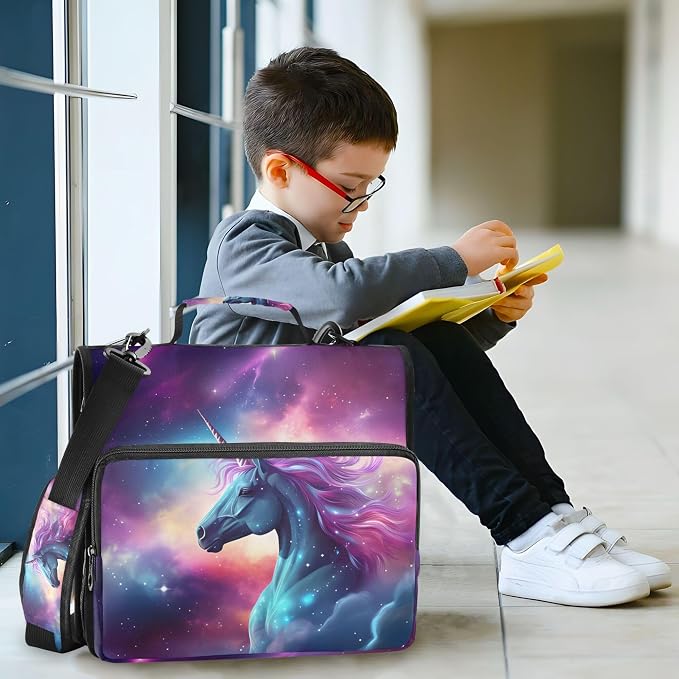 MNSRUU 3 Ring Binder Bag, 2 Inch D-Rings Easily Organizes 1 Inch Fits Letter Sized Paper, Unicorn Starry Sky Large 3 Hole Zipper Binder Organizer for School Office Supplies