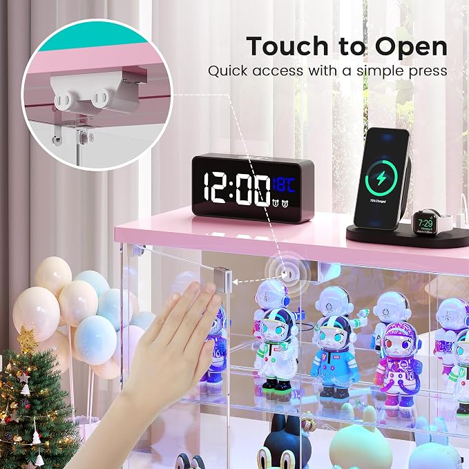 Dystler Glass Display Case with LED Lights, Small 2-Tier for Figures | Lighted Display Cabinet with Motion Sensor, Clear Tempered Glass Door, USB-C Charging Hub for Collectibles, Rocks, Tabletop