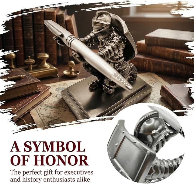 King's Guard Knight Pen Holder with Rollerball Pens, Medieval Warrior Desktop Organizer, Gothic Metal Desk Accessory Set, Silver Gift for Men