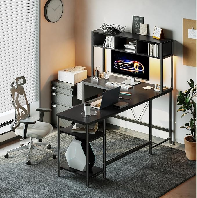 DUMOS 67" L Shaped Gaming Desk, Reversible Computer Desks with LED Lighting | Corner Desk for Compact Spaces, Keyboard Tray & Storage Shelf, Home Office, Black