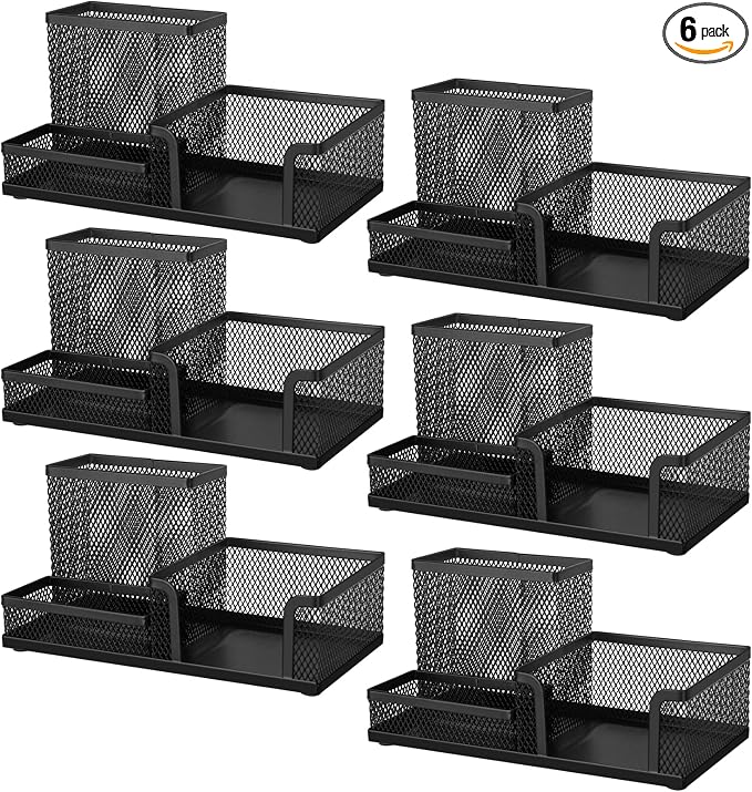 Comix 6 Packs Mesh Pen Holder, Desk Organizer for Home Office, Black | 3 Compartment Pencil Holder, Sticky Notes Holder, Pen Organizer Office Supplies