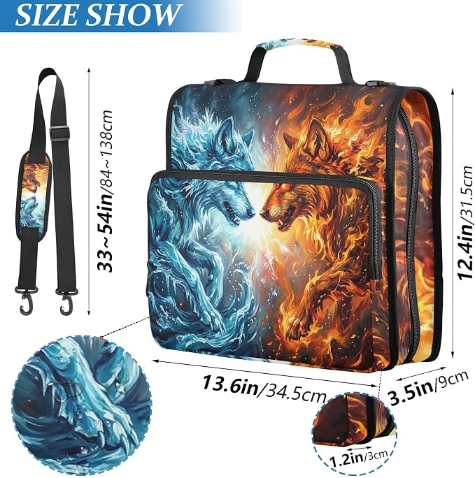 Fire Ice Wolf Pattern 3 Ring Zipper Binder with Shoulder Strap & Handle 2 Inch D-Ring Zippered Binder Bag with Multiple Pocket & Pencil Pouch, Binder Organizer for School or Office