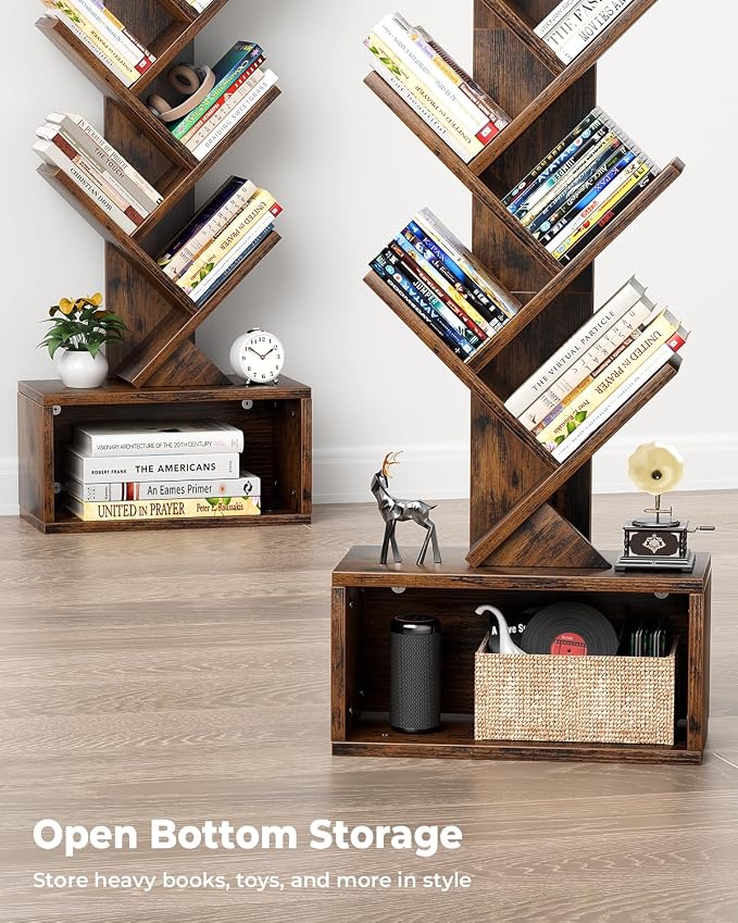 Evermagin 6 Tier Tree Bookshelf with Light, Bookcase, Branch Pattern | Rustic Brown Small Book Tower, Storage Cabinet for Book Organization, Floor Standing for Living Room, Bedroom & Home Office