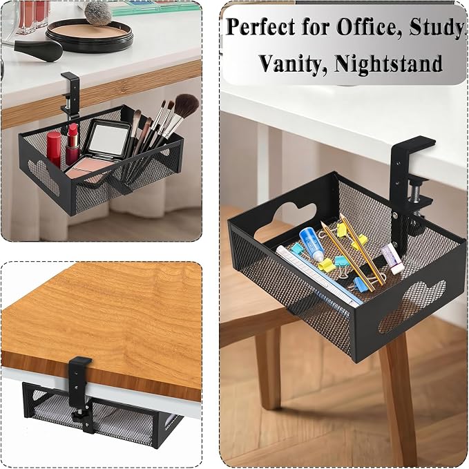 Under Desk Organizer 360° Swivel,No-Drill Clamp-On,Holds Up to 7lbs | 360° rotation,no-drill clamp,holds up to 7lbs, cup holder,mesh storage,office/kitchen/art use