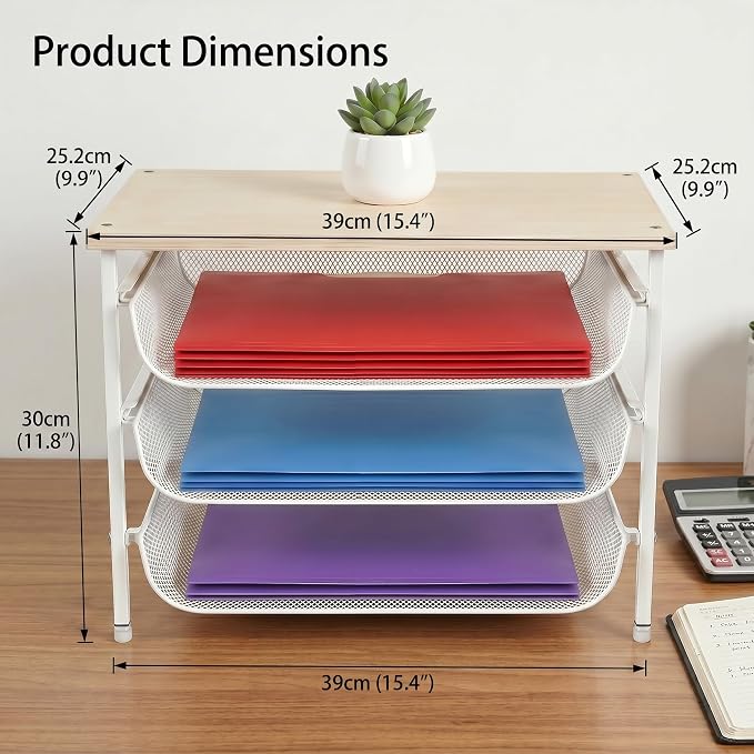 4-Tier Printer Stand for Desk with Storage Drawer Wooden Top Printer Shelf Metal Desktop Organizer Paper Organizer Printer Table for Home Office Accessories White