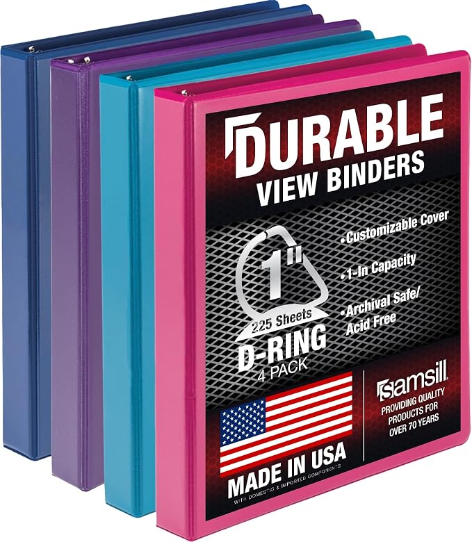 Samsill Durable 1 inch 3 Ring Binder, D Ring Binder, 100% Recycled Chipboard, Fashion Assortment, 4 Pack
