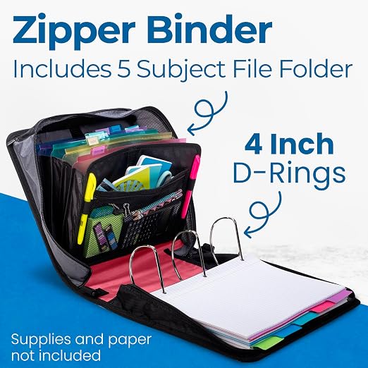 Case-it King Sized Zip Tab School Zipper Binder 4-Inch D-Rings,800 Sheet Capacity,5-Subject Expanding File Folder, Multiple Pockets & Storage Organizer,Shoulder Strap D-186 Fire Engine Red(Pack of 4)