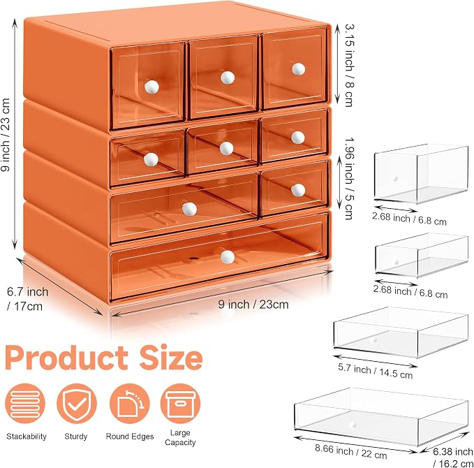 Desk Organizer with 9 Drawers, 4 Tiers Stackable Storage Drawers, Desktop Storage Box with Clear Drawers for Stationery, Makeup, Jewelry, Office and Craft Supplies (Orange)