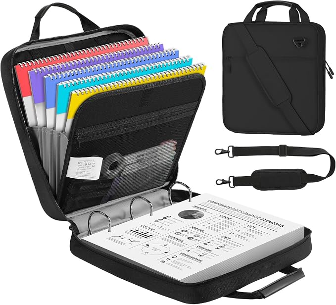 MoKo Zipper Binder, 3 Inch 3 D Ring, 5 Tab File Folders, 700 Sheets, Black | Water-repellent 900D Oxford fabric with 5 folders, 2 mesh pocket, reinforced handle and adjustable shoulder strap.