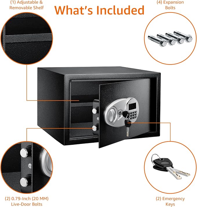 Amazon Basics Steel Security Safe and Lock Box with Digital Keypad, Easy to Use, Removable Shelf, Secure Cash, Jewelry, Documents, Black, 1.2 Cubic Feet, 16.9-x-14.6-x-10.6-inches (WxDxH)