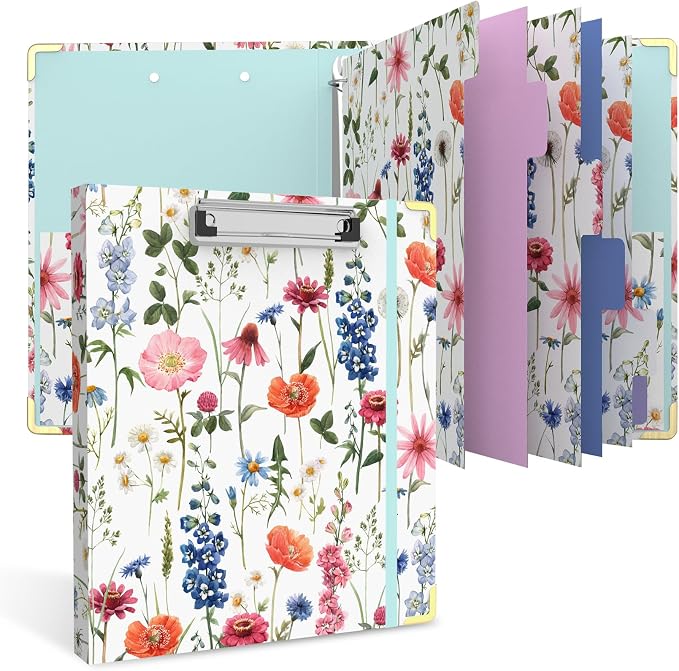 3 Ring Binder 1 Inch Round Ring Binder with 6 Tab Dividers，2 Interior Pockets，Cute Binder Clipboard with Storage, for School Office, Portfolio(Wild Flowers)