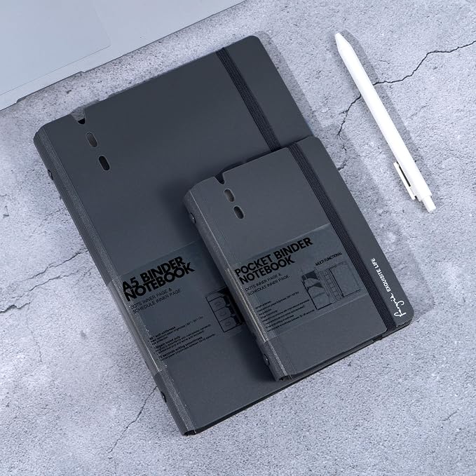 CAGIE 2 Pack A5 & A7 Binder 6 Ring Refillable Notebook, Dividers & Pockets | Daily Hourly Planning Square Ruled and Dotted Pages, Refill Paper Included (Grey, A7 Hourly & A5 Daily)