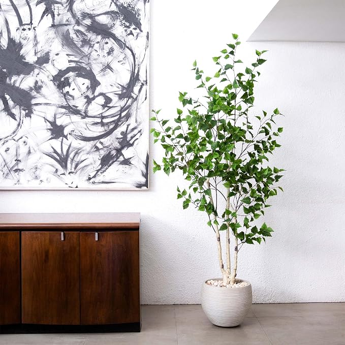 Nearly Natural 6 ft Artificial Birch Tree with Real Touch Leaves and Pot | Bendable Branches, Light-Hued Bark, Nursery Planter Included, Indoor Corner Decor, Maintenance-Free foliage