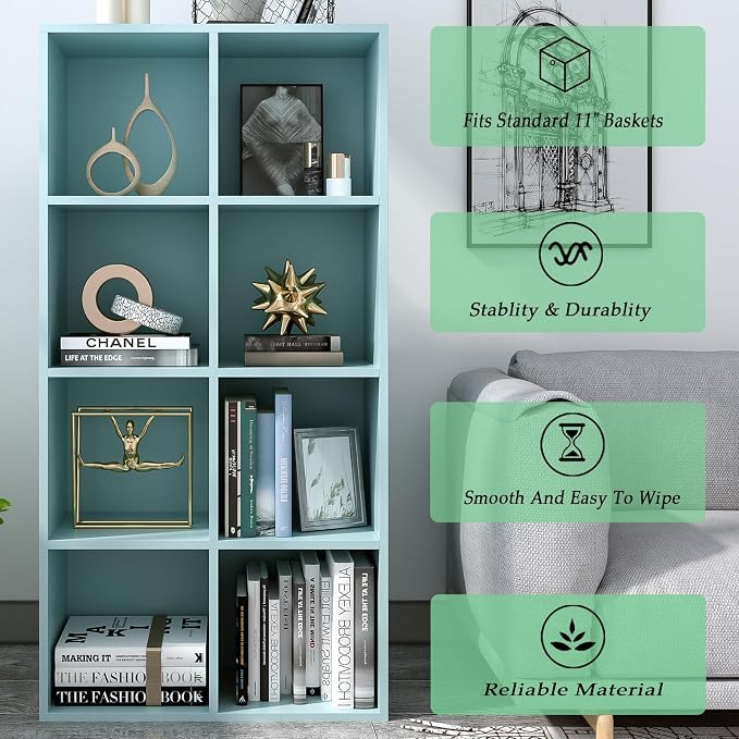 8-Cube Storage Shelf Bookcase, Light Blue | Wooden 4-Tier Open Bookshelf, Fits 11×11" Bins, Vertical or Horizontal Use, Full Back Panels, For Home Office
