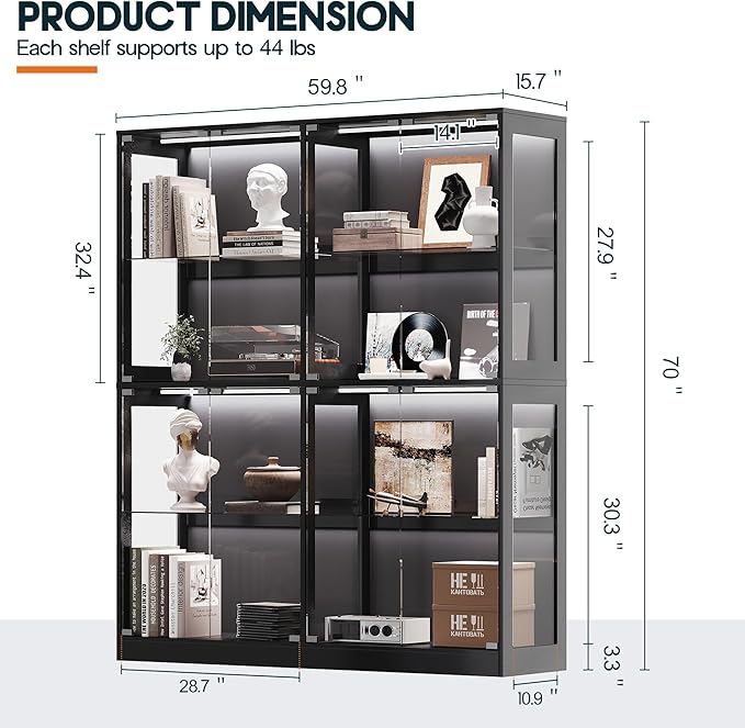 AMERLIFE 60-Inch RGB Display Cabinet with Glass Shelves | 70 H x 60 W x 16 D In, 4-Tier Storage, RGB LED Lights, Press-to-Open Doors, for Collectibles, Black