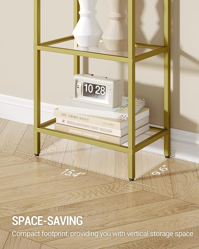 Hzuaneri Bookshelf, Tempered Glass Bookshelves with Lights and Steel Frame | Tall Narrow Bookcase, Display Shelf, Slim Shelving Unit for Living Room, Bedroom, 9.6"D x 15.4"W x 66.5"H Gold BC34699G