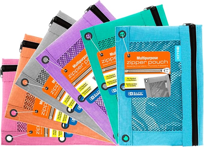 BAZIC PRODUCTS Retro Pastel 3-Ring Pencil Pouch with Mesh Window, 6-Set | clear mesh window and a zipper closure for pens, pencils