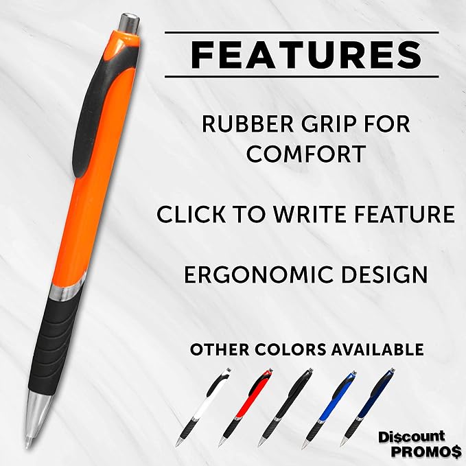 DISCOUNT PROMOS Ballpoint Pens With Rubber Grip - 10 pack - Black Ink Ball Point Pen with Soft Touch Plastic - Orange