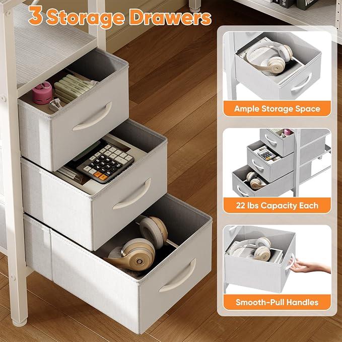 DUMOS L Shaped Desk with Power Outlet, Study Table | 47 Inch Corner Computer Gaming Unit, Adjustable Shelves, Home Office Bedroom, Modern White