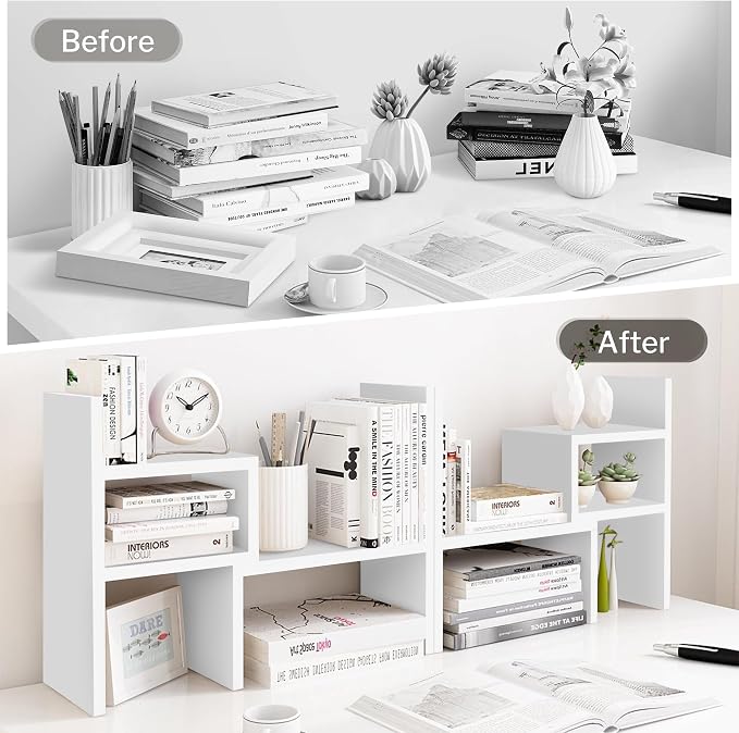 Jerry & Maggie - Desktop Organizer Office Storage Rack Adjustable Wood Display Shelf | Birthday Gifts - Toy - Home Decor | - Free Style Rotation Display - True Natural Stand Shelf (White) | Wooden Desk Organizer, Cute Dorm & Cubicle Decor. Stores Makeu...