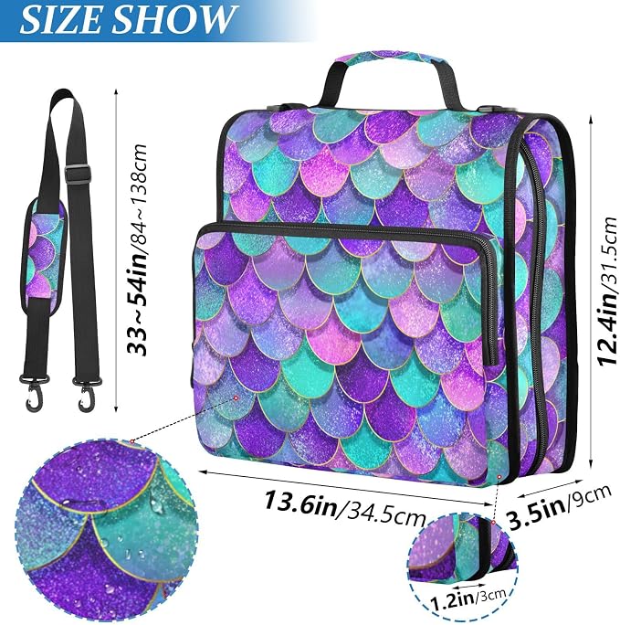 Pink Blue Purple Mermaid Scales 3 Ring Binder Bag 1.5 inch Binder Organizer with Zipper Shoulder Strap 500 Sheet Documents Storage for School Office