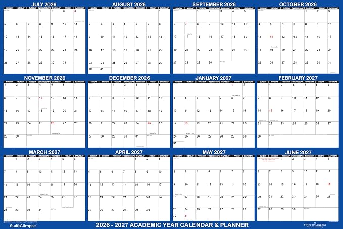 32x48 SwiftGlimpse 2026-2027 Academic Wall Calendar Erasable, XLarge, Wet & Dry Erase Laminated, July 2026 to June 2027 only
