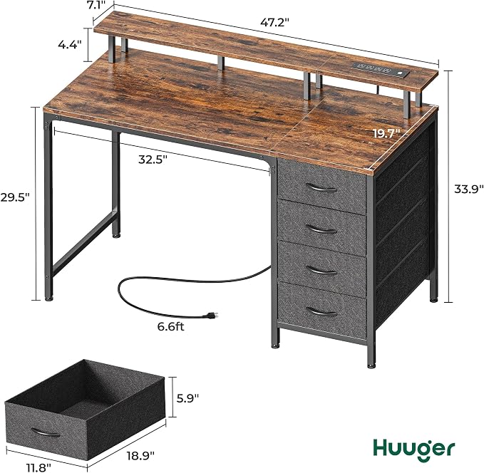 Huuger 47 Inch Computer Desk with Power Outlets and LED Lights, Gaming Desk with 4 Drawers, Office Desk with Monitor Stand, Study Work for Home Office, Small Spaces, Rustic Brown