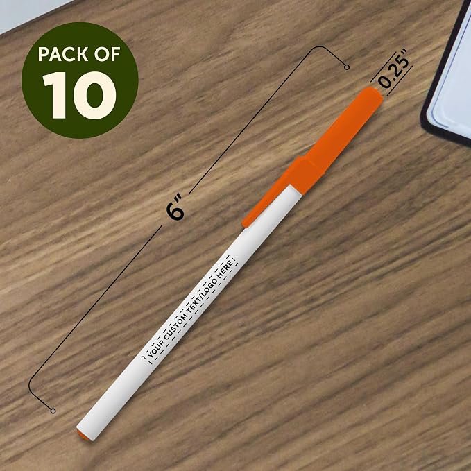 DISCOUNT PROMOS Custom Value Stick Pens Set of 10, Personalized Bulk Pack - Blue Ink, Great for Office, School, Business, Tradeshows, Events - Orange Cap