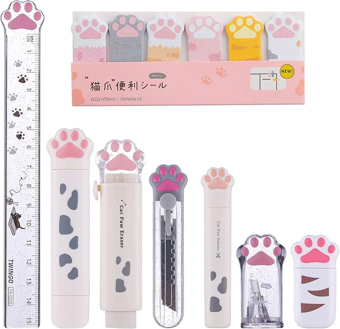 8 Pcs Cute Cat Paw Stationery Set Kawaii School Supplies Including Pencil Sharpener Retractable Eraser Correction Tape Sticky Notes Ruler Mini Scissors Utility Knife for Cat Lovers Students (White)