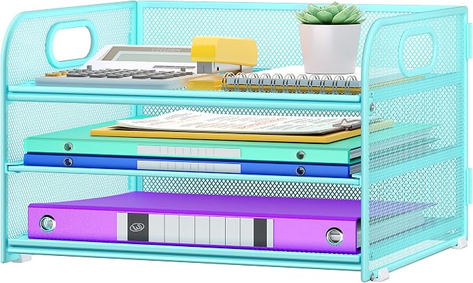 Cawukege 3 Tier Paper Organizer with Handle, Metal Desk Organizer Mesh Paper Letter Tray Desktop File Folder Document Sorter for Classroom, School, Office Accessories Storage (1, Blue)