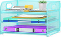 Cawukege 3 Tier Paper Organizer with Handle, Metal Desk Organizer Mesh Paper Letter Tray Desktop File Folder Document Sorter for Classroom, School, Office Accessories Storage (1, Blue)