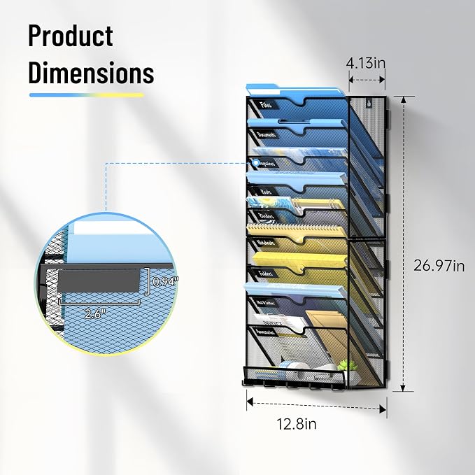 10-Tier Wall File Organizer with Hooks, Hanging File Organizer | Metal Mesh Mail Organizer, Wall Mounted File Organizer for Home, Classroom, Office Organization