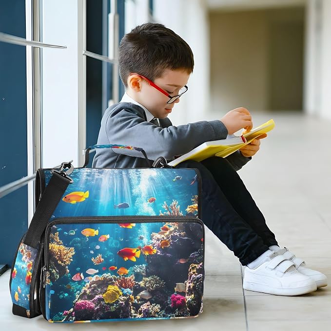 3 Ring Zipper Binder with Shoulder Strap Underwater Fish Ocean Nautical Coastal 2 Inch Zippered Binder Bag 500 Sheet Capacity Multi Pockets for School Supplies
