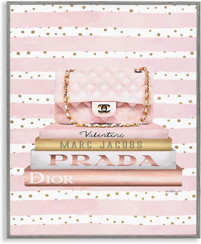 Stupell Industries 'Pink Purse Bookstack Over Stripes', Framed Giclee Art, Gray, 16 x 20 Inches, Easy to Hang and Sturdy, Made in USA, by Amanda Greenwood