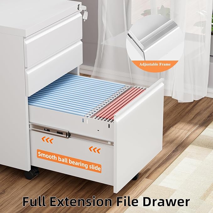 INTERGREAT 3 Drawer Filing Cabinet with Lock, White Mobile File Cabinet with Wheels, Rolling Small Metal Cabinets Under Desk for Home Office, Assembled