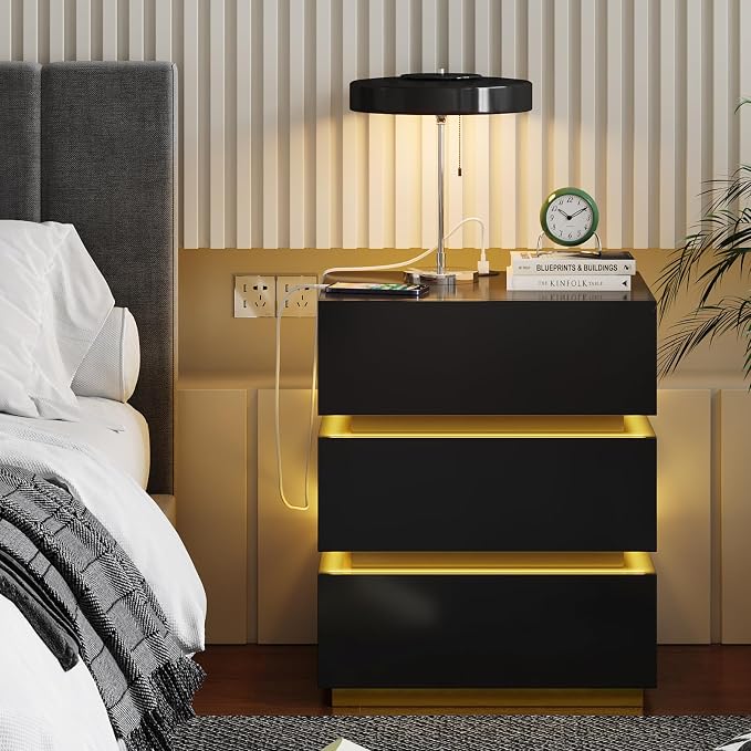 Nightstand with Charging Station, Night Stand with Drawers and LED Lights, Bedside Table, Modern End Table for Bedroom